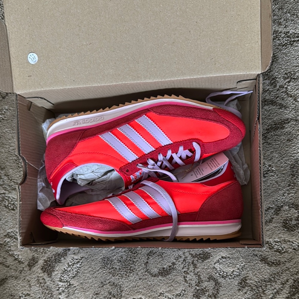 Adidas Red Sneakers with lilac stripes